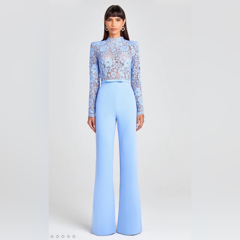 NADINE MERABI Powder Blue Wide Leg Jumpsuit with Lace Bodice